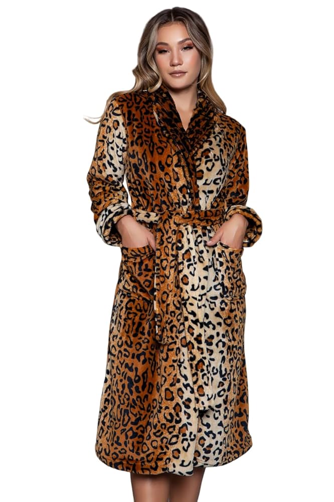 トップス LEOPARD PIPING LINEN ROBE Alexander Del Rossa Womens Leopard Print Robe, Short Satin